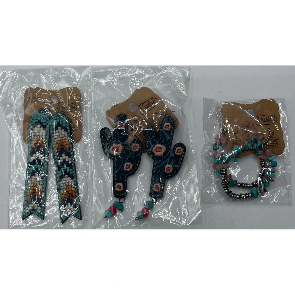 Justin Western‎ Earrings Bundle 3 Pairs Leather Cactus Geometric Beaded Teal